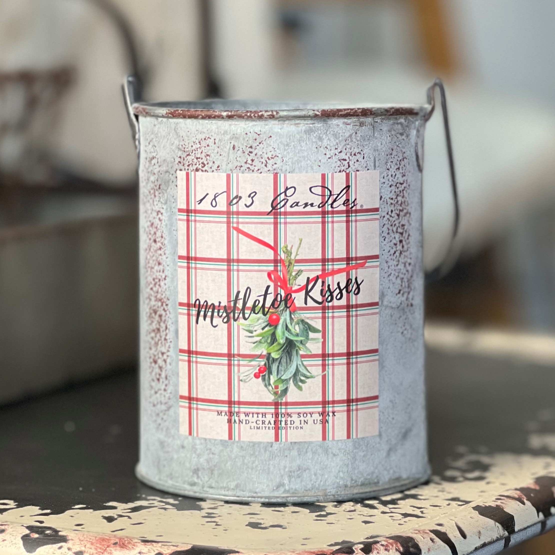 20oz. Tin Bucket CandleMistletoe Kisses Plaid Label. 1803 Candles