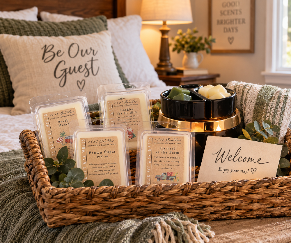 1803 Candles soy wax melts and electric wax warmer in a welcoming guest room