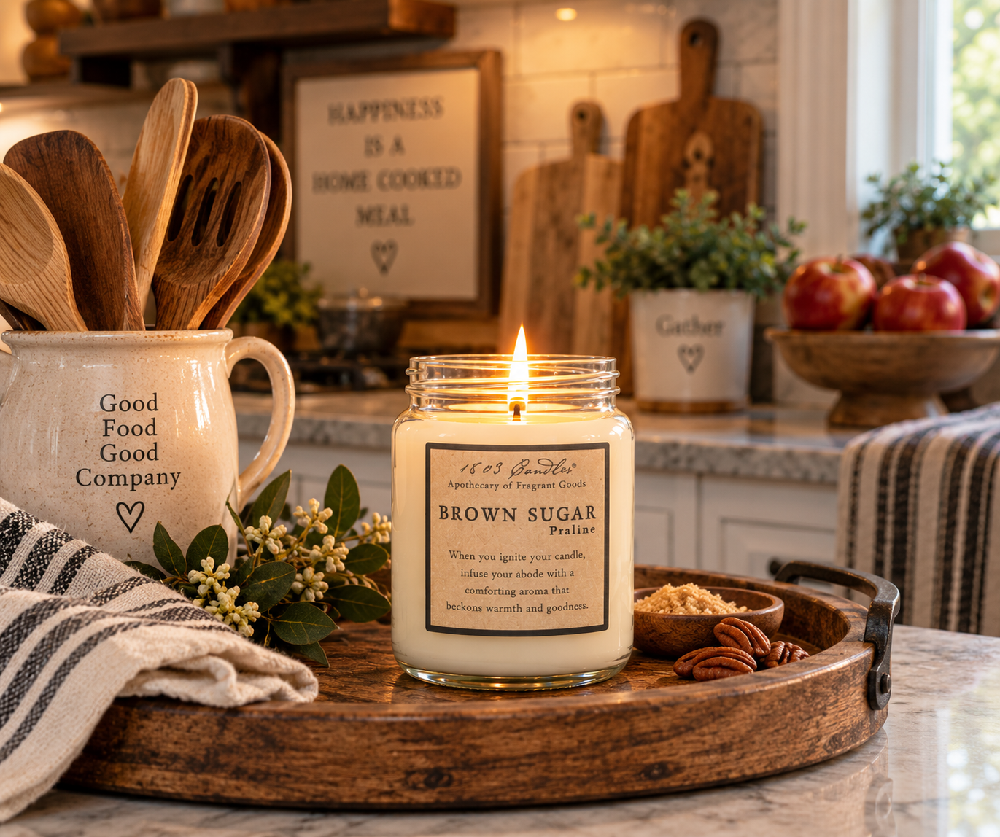 Brown Sugar Praline soy candle by 1803 Candles styled in a warm country kitchen