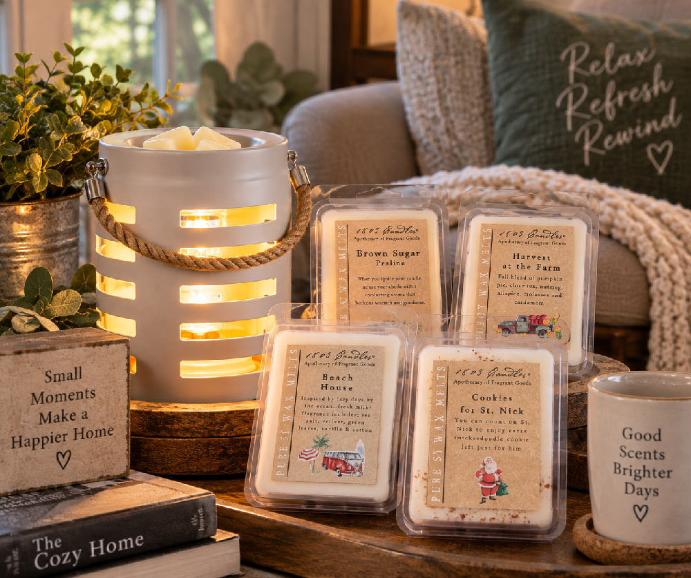 1803 Candles soy wax melts with an electric wax warmer in a cozy room