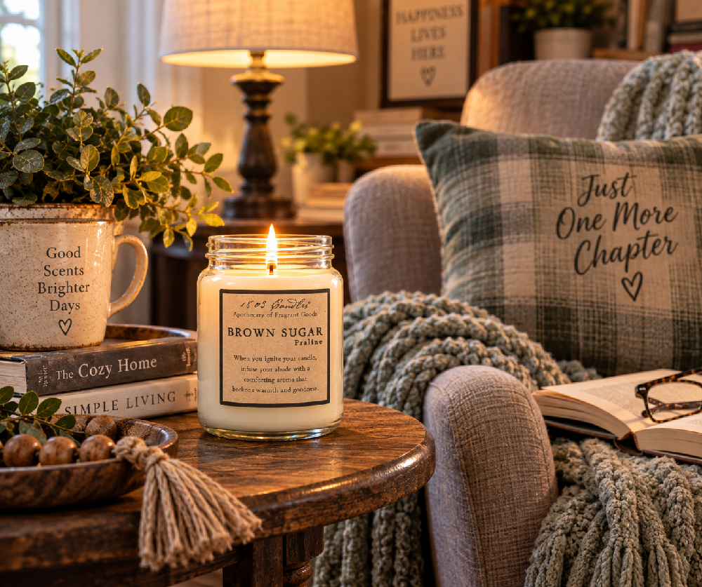 1803 Candles Brown Sugar Praline soy candle in a cozy reading corner